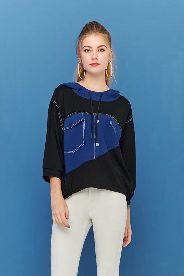 Two-tone bevel splicing asymmetrical hem hoodie