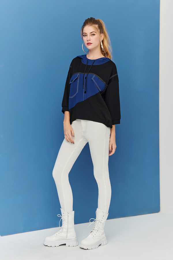 Two-tone bevel splicing asymmetrical hem hoodie